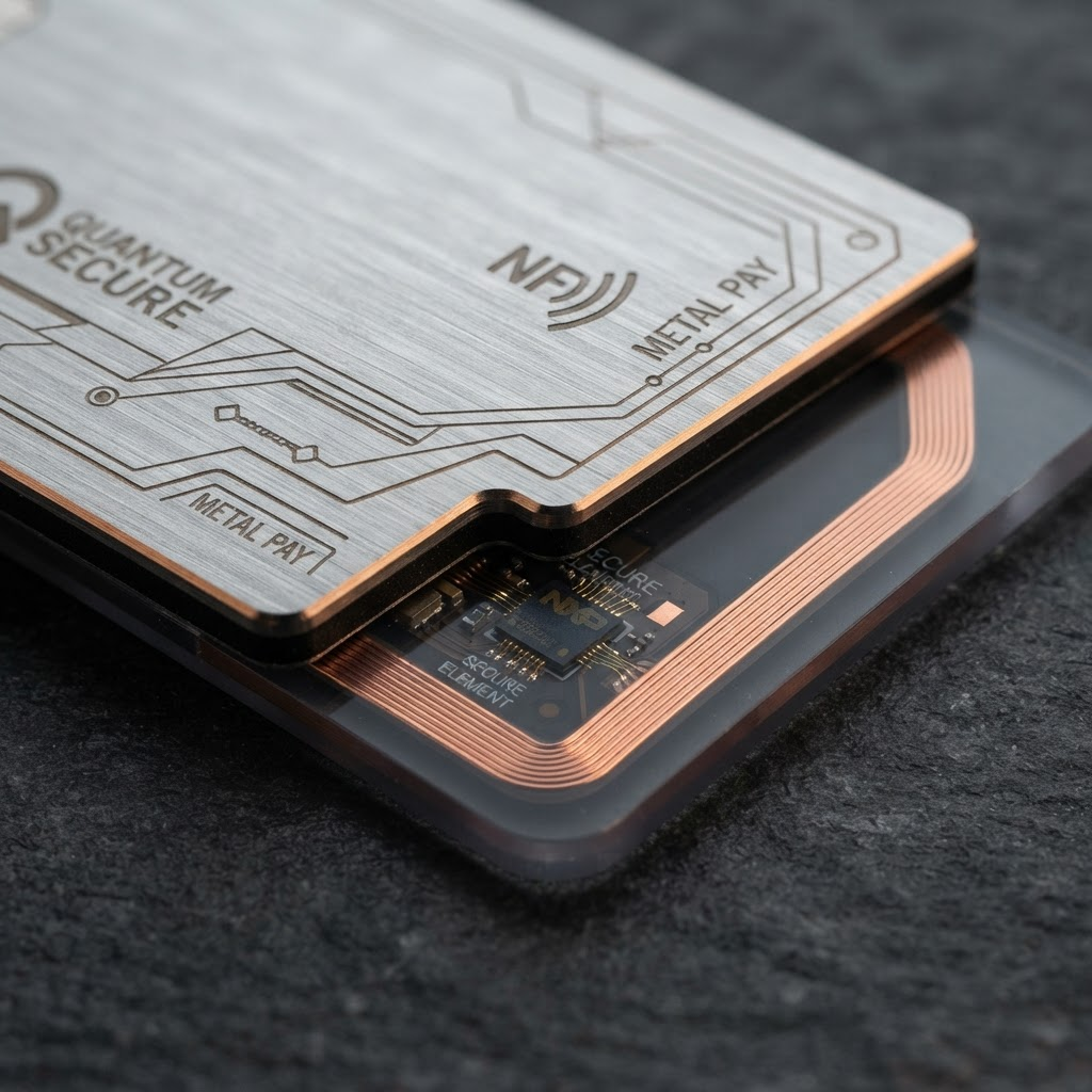 Macro detail of the laser-etched aluminum card and acrylic backing showing the embedded NFC chip