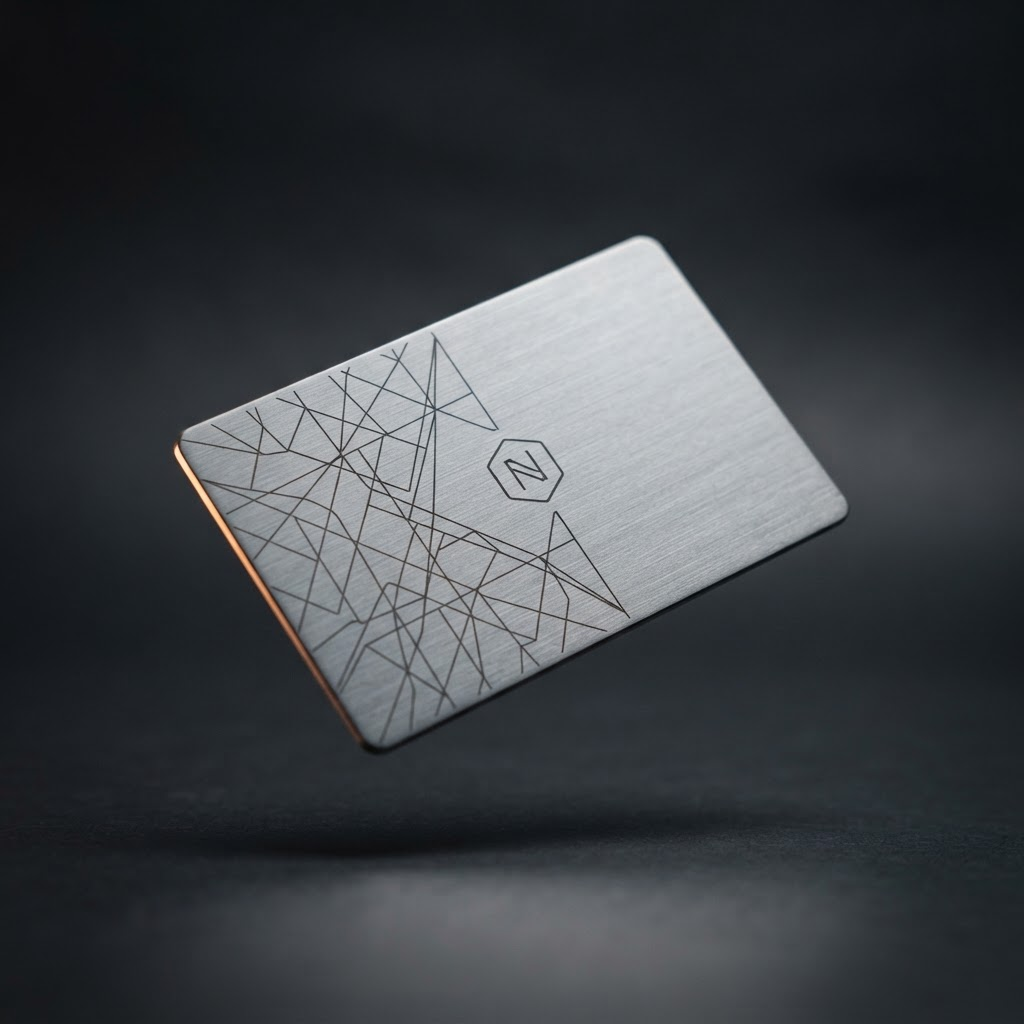 Brushed aluminum tap card with laser-etched geometric pattern